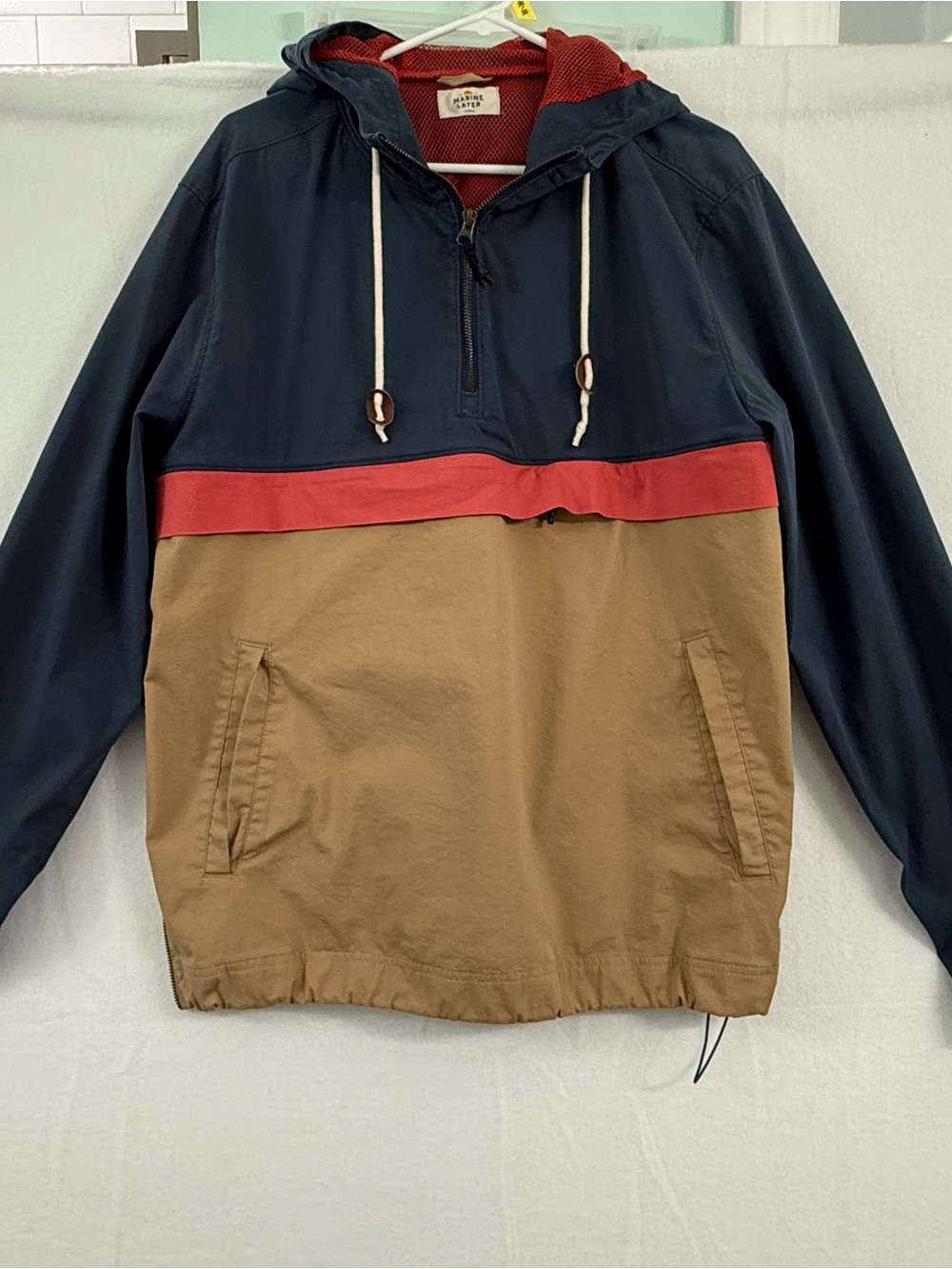 Marine Layer Navy, Red & Tan Colorblock Hooded Windbreaker
